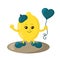 Cute smiling lemon with beret and shoes holding heart balloon.