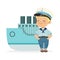 Cute smiling little boy character wearing a sailors costume standing next to a blue ship colorful vector Illustration