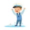 Cute smiling little boy character wearing a sailors costume standing in a puddle playing with paper boat colorful vector