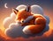 Cute smiling little fox sleeping on a cloud