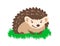 Cute smiling little hedgehog sitting in green grass simple flat illustration