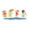 Cute smiling little kids jumping and splashing through the puddles, boys and girls playing in the rain cartoon vector