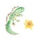 Cute smiling newt and narcissus isolated on white background. Watercolor hand drawn illustration. Perfect for kid