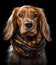 cute smiling ocker Spaniel dog with scarf in a grey background, portrait created by generative AI technology
