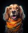 cute smiling ocker Spaniel dog with scarf in a grey background, portrait created by generative AI technology