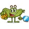 Cute smiling pickle cartoon character holding a pickleball ball and paddle