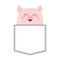 Cute smiling pig in the pocket. Happy face. Cartoon animals. Piggy piglet character. Dash line. Animal collection. White and black