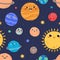 Cute smiling planets in outer space seamless pattern. Repeatable childish background with funny faces of celestial