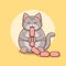 Cute smiling plump gray cat eats sausages on a yellow background