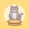 Cute smiling plump gray cat with fish pie on yellow