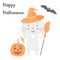 Cute smiling rabbit in a hat, with a broom and a Halloween pumpkin. Adorable animal, character in pastel colors. Kids