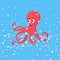 Cute smiling red octopus swimming underwater with blue water bubbles in the ocean.