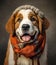 cute smiling Saint Bernard with scarf in a grey background, portrait created by generative AI technology