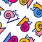 Cute smiling snail seamless pattern. Multi colored cartoon slug isolated on white background.