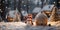 A cute smiling snowman in the biggest of the snow with a background. bokeh a Christmas tree and house the mountain