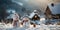 A cute smiling snowman in the biggest of the snow with a background. bokeh a Christmas tree and house the mountain