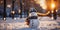 A cute smiling snowman in the biggest of the snow with a background. bokeh a Christmas tree and house the mountain