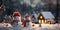 A cute smiling snowman in the biggest of the snow with a background. bokeh a Christmas tree and house the mountain