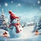 Cute smiling snowman with striped hat and scarf. Winter fairytale.