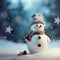 Cute smiling snowman with striped hat and scarf. Winter fairytale.