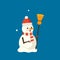 Cute Smiling Snowman Wear Santa Hat with Broom in Hand. Christmas Character. Happy New Year and Merry Xmas Personage