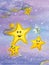 Cute smiling stars over the night sky. Watercolor art.