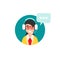 Cute smiling teacher or tutor with headset or earphone and speech bubble in blue circle