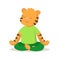 Cute smiling tiger sitting in lotus position, cartoon character. Flat vector illustration, isolated on white background.