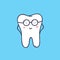 Cute smiling tooth wearing glasses. Smart happy mascot or symbol for dental or orthodontic clinic. Funny friendly