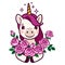 Cute smiling unicorn holding bunch of roses simple cartoon vector illustration. Line doodle icon contemporary style design element