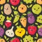 Cute smiling vegetables, vector seamless pattern on dark background