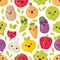 Cute smiling vegetables, vector seamless pattern on white background