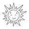 Cute smilling Sun. Hand drawn doodle style. Vector illustration isolated on white. Coloring page.