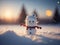 cute smily snowman standing on snowy field. ai generative