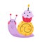 Cute Snail Character with Shell Carrying Cupcake with Candle on Its Back Vector Illustration