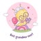 Cute snail elderly lady granny with flowers on rainbow. Happy insect character old woman with gray-haired hairstyle