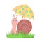 Cute snail with yellow floral decorated umbrella simple flat cartoon vector illustration