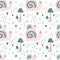 Cute snails seamless patter. Hand dawn garden characters with botanical elements, pastel colors, baby decor, kids nursery and