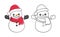 Cute snow man wearing a Santa hat and scarf outline and colored doodle cartoon illustration set. Winter Christmas theme coloring