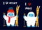 Cute snow yeti holding skis vector set. I love sport and skiing. Happy cartoon yeti with red winter hat and scarf. Winter holidays