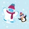 Cute snow yeti and penguin doing snow angels vector image. With winter clothes