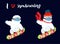 Cute snow yeti snowboarding sport vector set. I love snowboarding. Happy cartoon yeti with red winter hat and scarf. Winter