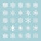 Cute snowflake collection isolated on blue background. Flat snow icons, snow flakes silhouette. Nice snowflakes for christmas