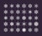 Cute snowflakes collection isolated on dark background. Flat snow icons, snow flakes silhouette. Nice element for