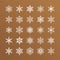 Cute snowflakes collection isolated on gold background. Flat snow icons, snow flakes silhouette. Nice element for