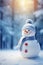 Cute snowman in a blue knitted bobble hat and scarf in a winter forest with copy space. AI generated