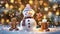 Cute snowman with candles and festive Christmas lights and decorations and a dancing gingerbread man