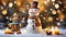 Cute snowman with candles and festive Christmas lights and decorations and a dancing gingerbread man