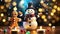 Cute snowman with candles and festive Christmas lights and decorations and a dancing gingerbread man