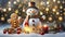 Cute snowman with candles and festive Christmas lights and decorations and a dancing gingerbread man